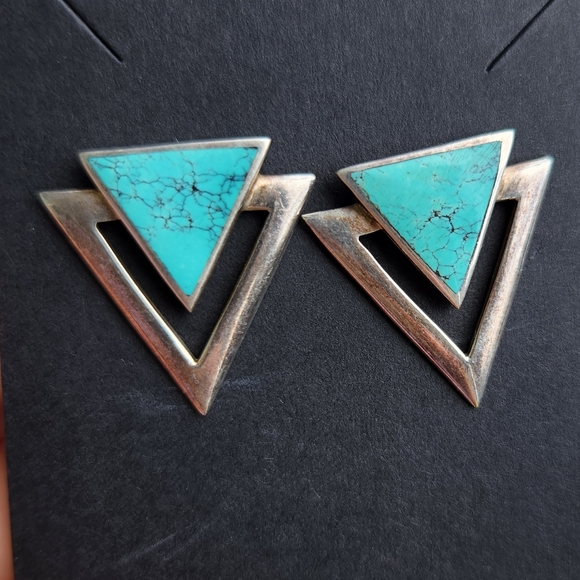 Boma Jewelry - Vintage Sterling Silver 925 Boma Turquoise Triangle Chevron Earrings